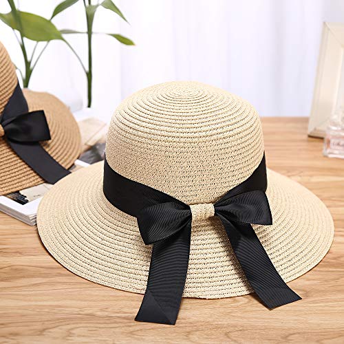 Sombrero De Paja, Mujer Sombreros De Playa De Verano De ala Ancha Sombrero para el Sol Sombrero de Paja de ala Ancha Plegable Protección Anti-UV (Beige)