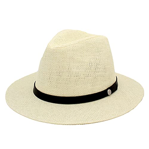 Sombrero Hombre Mujer de Paja de Papel, Gorros de Panamá de Verano UPF 50, Fedora para Playa y Sol de ala Ancha, Plegable y Ligera (Crema, 58cm)