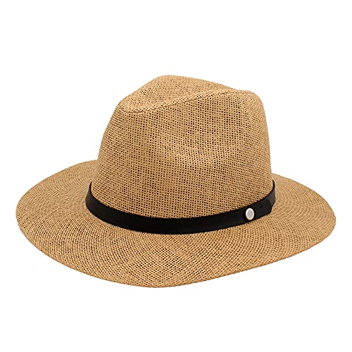 Sombrero Hombre Mujer de Paja de Papel, Gorros de Panamá de Verano UPF 50, Fedora para Playa y Sol de ala Ancha, Plegable y Ligera (Marrón, 56cm)