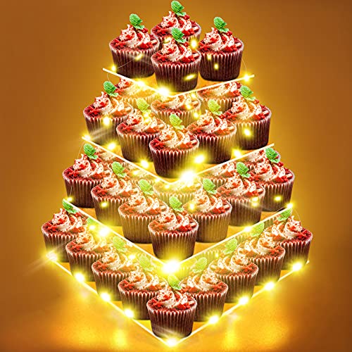 Soporte para Tartas de 4 Pisos, Soporte Cupcakes con Hilo de Luz (Amarilla) Torre de Exhibición de Postres Muffin Rosquilla Acrílico Transparente Stand para Cumpleaños, Boda, Fiesta, Panadería, Buffet