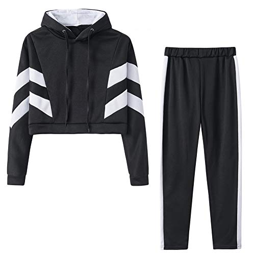 Sportswear Femme, Tenue de Sport Femmes 2 Pièce Survêtement Combinaison Sportswear Sweats à Capuche Sweatshirts + Pantalon Joggers Ensemble de Sport Suit，BLACK-XXL