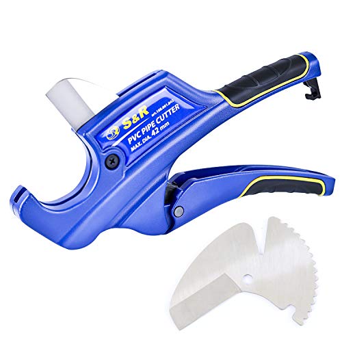 S&R Cortatubos con 2 cuchillas, Cizallas de trinquete para tubos de plástico y PVC, CPVC, PE-X, PE, PP-R, hasta 42 mm (1 5/8 pulgadas)