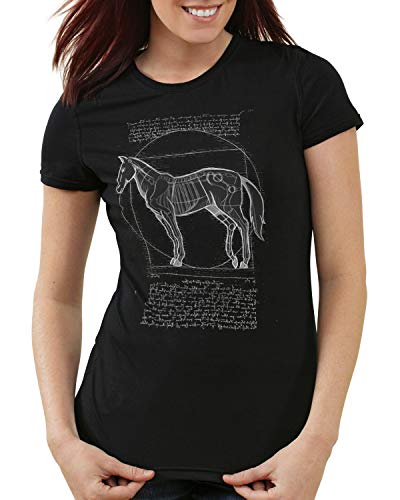 style3 Caballo de Vitruvio Camiseta para Mujer T-Shirt yegua Semental Pony Montar, Color:Negro, Talla:XL