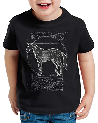 style3 Caballo de Vitruvio Camiseta para Niños T-Shirt yegua Semental Pony Montar, Color:Negro, Talla:116