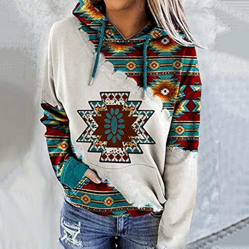 Sudadera con capucha para mujer, informal, geométrica, con estampado azteca, manga larga, con cordón, estilo étnico, marrón, L