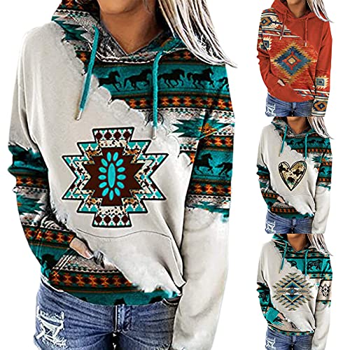Sudadera con capucha para mujer, informal, geométrica, con estampado azteca, manga larga, con cordón, estilo étnico, marrón, L