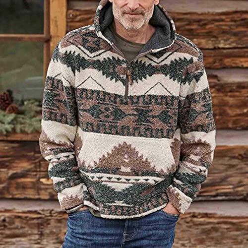 Sudadera de los hombres 1/4 Zip estilo étnico suéter de forro polar difuso Sherpa Outwear de manga larga chaqueta de cuello alto abrigo de invierno, n.º 1, M
