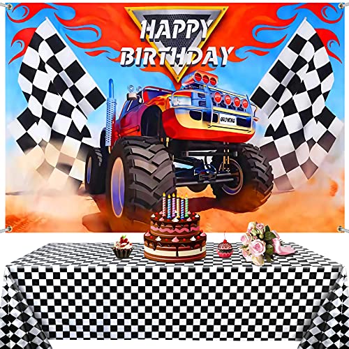 Suministros de Fiesta Camión Monstruo Incluye 1 Telón de Fondo de Camión Monstruo 1 Mantel de Bandera a Cuadros de Plástico, Fondo de Sepulturero de Happy Birthday Cubierta de Mesa de Picnic
