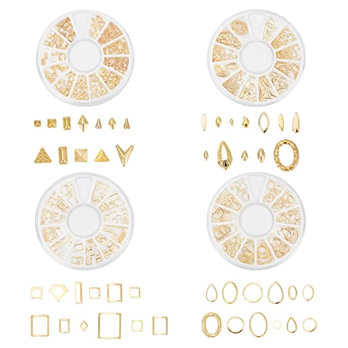 SUNNYCLUE 4 cajas de oro clavo de latón 3D Art Rivets Charms Golden Oval lágrima ojo de caballo rectángulo Rombo cuadrado triángulo cabujones conjunto para joyería DIY arte decoración suministros