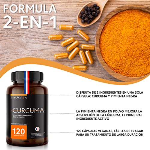 Suplementos Alimenticios Curcuma & Pimienta Negra - 120 Capsulas de Curcuma en Polvo Fáciles de Ingerir - Ideal para Vegano