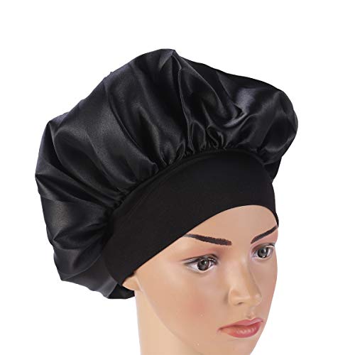 supvox satén Dormir Gorro de noche Gorro Sombrero pelo largo capó pelo capó sombrero para mujeres niña – negro (56 – 58 cm)