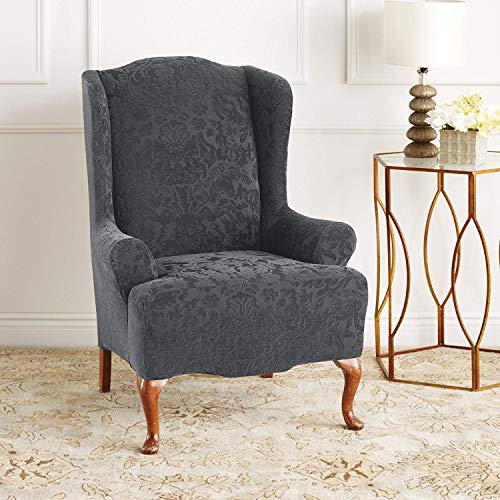 Sure Fit - Funda elástica para Silla, diseño de Damasco, Color marrón, Gris, Wing Chair