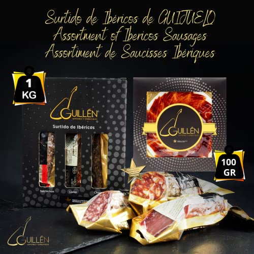 Surtido Embutidos Ibericos de GUIJUELO 1,1 kg - Lote Iberico con Salchichon Iberico Bellota + Chorizo Iberico Bellota + Lomo Iberico + Jamon Iberico loncheado a mano