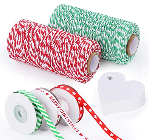 Sweelov 200 m de cuerda de panadero con 30 m de cinta de Navidad, hilo de algodón, rojo y verde, cinta de satén para regalo de Navidad