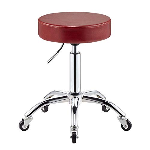 Taburetes Regulable en Altura con Rueditas，Taburete Estetica con Rojo PU Cuero Sintético Asiento，Altura Regulable 45-58 cm，160kg de Capacidad de Carga，Taburete de Montura para Peluquería Manicura Ter