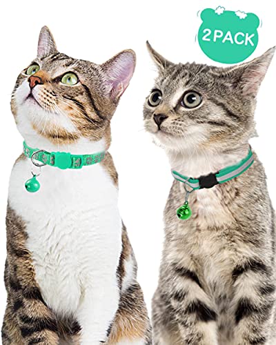 Taglory Collar Gato Reflectante, 2 Piezas Collares para Gatos con Cascabeles y Hebilla Seguro de Liberación Rápida, 19-32cm Turquesa