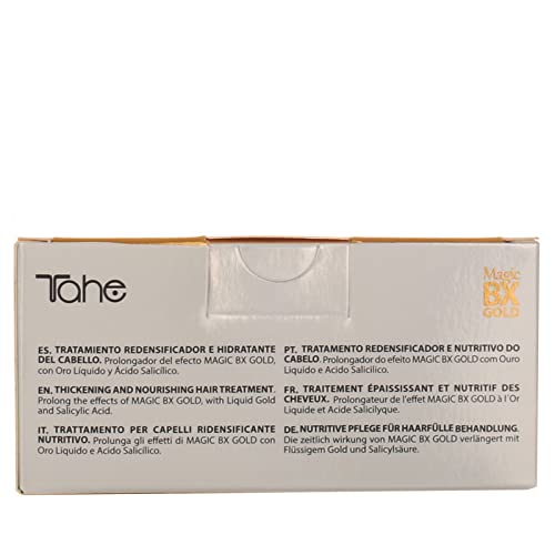 Tahe Magic BX Gold Tratamiento Capilar Redensificador Hidratante de Larga Duración, Caja de 5 Ampollas 10 ml. Brillo Infinito, Melena Densa, Suavidad Extrema