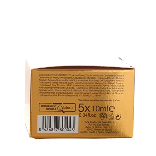 Tahe Magic BX Gold Tratamiento Capilar Redensificador Hidratante de Larga Duración, Caja de 5 Ampollas 10 ml. Brillo Infinito, Melena Densa, Suavidad Extrema