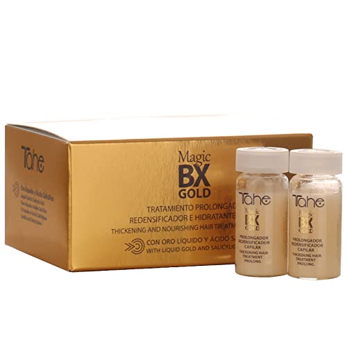 Tahe Magic BX Gold Tratamiento Capilar Redensificador Hidratante de Larga Duración, Caja de 5 Ampollas 10 ml. Brillo Infinito, Melena Densa, Suavidad Extrema