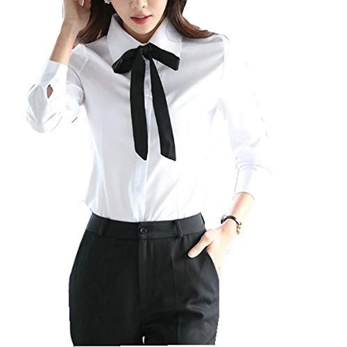 Taiduosheng Blusas de manga larga con botones y corbatas para mujer, blanco, L