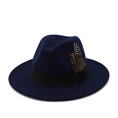 tanxinxing Sombrero elegante de Fedora para hombre, de ala ancha, sombrero de jazz para otoño, invierno, pluma, Panamá (color: azul marino, tamaño: 56-58 cm)