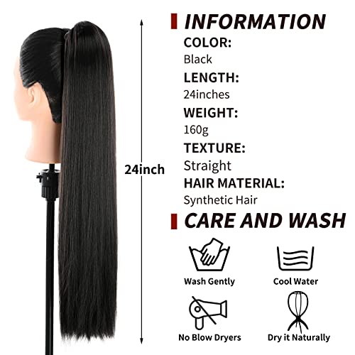 Teruntrue - Extensión de cabello de cola de caballo recta larga de 24 pulgadas, extensiones de cabello de cola de caballo con cordón para mujer, negro (1B #)