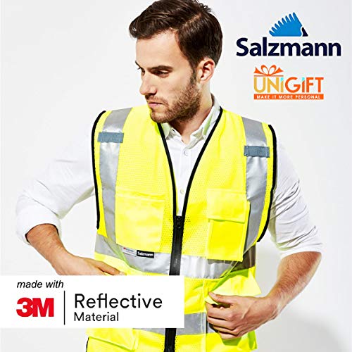 Texto personalizado amarillo transpirable malla Salzmann 3M alta visibilidad chaleco de seguridad multi teléfono ID bolsillo alta visibilidad chaleco 3M cinta reflectante