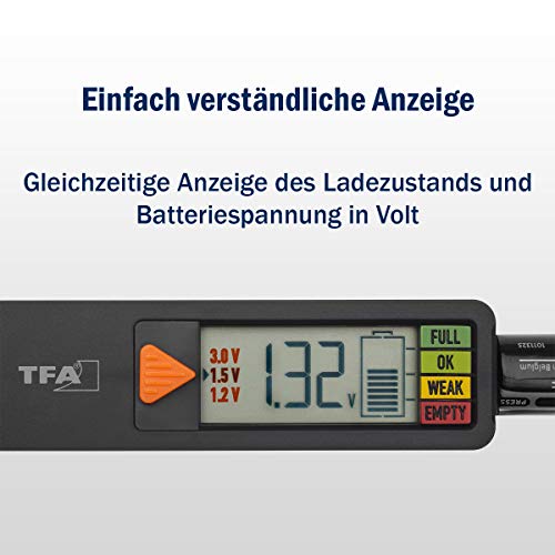 TFA Dostmann Comprobador de Pilas BatteryCheck 98.1126.01 para Pilas y baterías (AAA, AA, C, D), Pila de botón, indicador de Estado de Carga/voltios, fácil y rápido, Color Negro