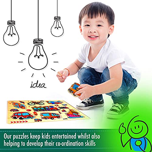 THE TWIDDLERS - Set de 4 Puzzles de Madera Juegos Educativos/Rompecabezas para Niños de 3 años/Multicolor Ideal para Aprendizaje Alfabeto, Números y Medios de Transporte