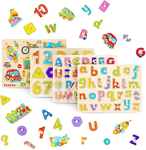 THE TWIDDLERS - Set de 4 Puzzles de Madera Juegos Educativos/Rompecabezas para Niños de 3 años/Multicolor Ideal para Aprendizaje Alfabeto, Números y Medios de Transporte