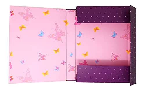 Theonoi Caja para niños de alta calidad con goma elástica, DIN A4, a elegir: unicornio Luna Lama de Frozen, regalo para niñas (mariposa)