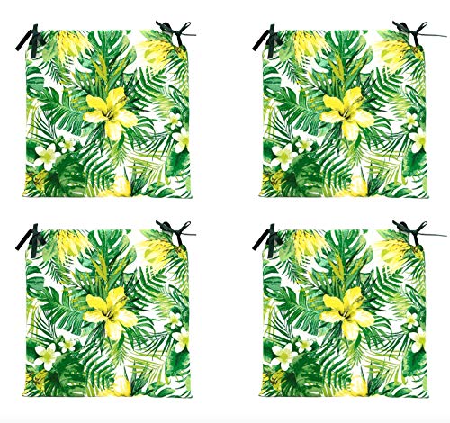 TIENDA EURASIA® Pack de 4 Cojines para Sillas - Estampado Flores Tropical - 2 Cintas de Sujeción - Ideal para Interiores y Exteriores - 40 x 40 x 3 cm (Verde)