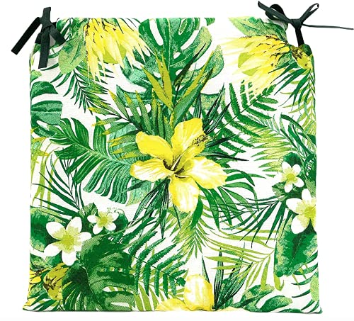 TIENDA EURASIA® Pack de 4 Cojines para Sillas - Estampado Flores Tropical - 2 Cintas de Sujeción - Ideal para Interiores y Exteriores - 40 x 40 x 3 cm (Verde)