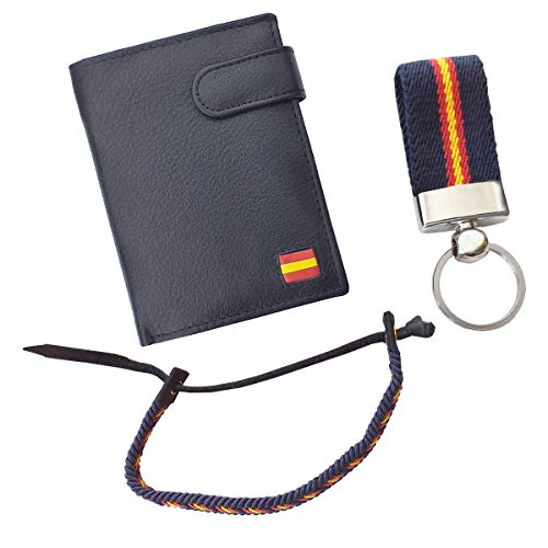 Tiendas LGP - Cartera Billetero Monedero, Bandera de España, Caballero -Piel Autentica, Color Negro + Llavero + Pulsera