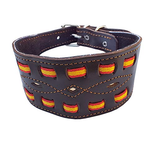 Tiendas LGP - Collar para Perros Galgos de Piel Flor con Bandera de España, Ancho, 7 x 47 cm, Color Marrón