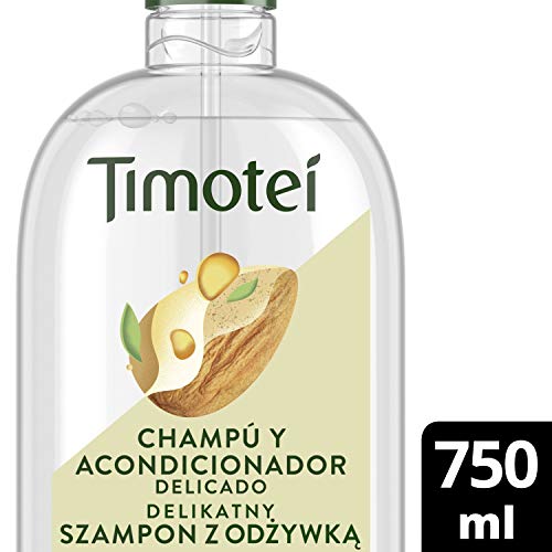 Timotei champú y acondicionador delicado para todo tipo de cabello con aceite de almendras dulces; con limpiadores de origen vegetal, 94% ingredientes de origen natural, 750ml
