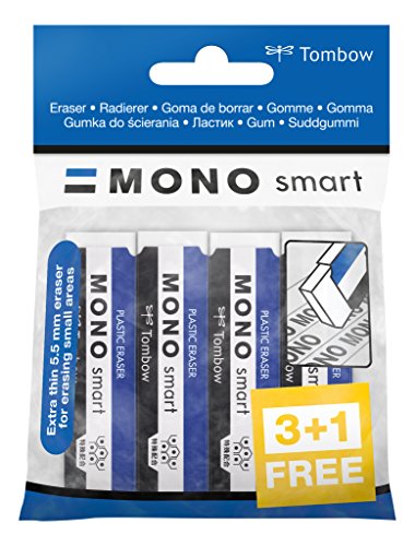 Tombow - MONO Smart | Blister 3 + 1 de Goma de Borrar Extra-Fina para uso Escolar y Profesional
