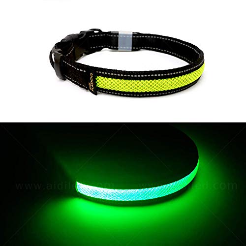 Toozey LED Collar Luminoso Perro, Longitud Ajustable/Recargable por USB/Impermeable Nylon Luminoso Collar para Perros con 3 Modos de Iluminación, Alta Visibilidad y Seguridad, Verde M