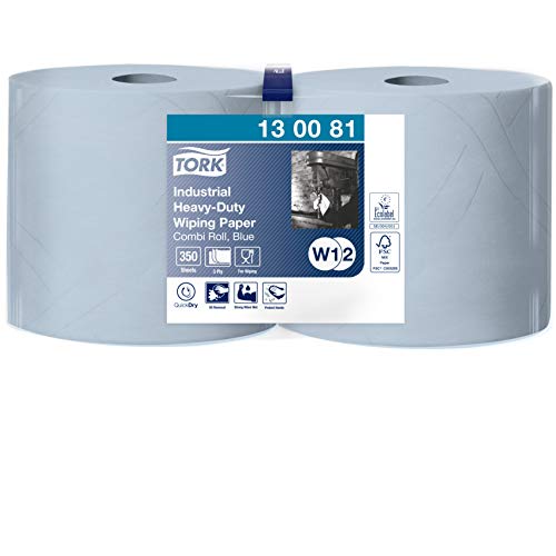 Tork 130081 Papel de secado extra fuerte para la industria/2 paquetes/3 capas/Paños de papel compatibles con el sistema W1 y W2/Premium/2 bobinas x 119 m de largo/azul, 2 x 119 m