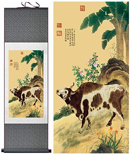 Toro Seda Arte Pintura Vaca Arte Chino Pintura casera Oficina decoración Chino Ganado Pintura China Tinta Pintura (Color : Green Package, Size (Inch) : 100cmx30cm)