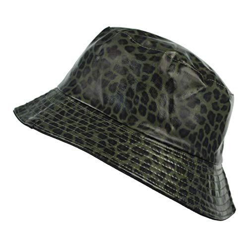 TOUTACOO, Sombrero para la Lluvia, Encerada Mate, Mujer, Reversible, Estampado de Leopardo (Verde Oscuro)