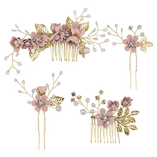 Toyvian 4 piezas peine para el cabello conjunto moda nupcial accesorios para el cabello de la boda tocado para dama de honor niñas mujeres (rosa)