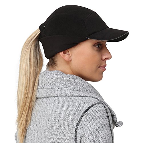 TrailHeads Sombrero de cola de caballo de lana con calentador de orejas caído | The Trailblazer Adventure Hat para mujer, Negro, Talla única