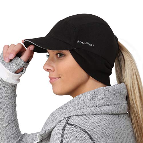 TrailHeads Sombrero de cola de caballo de lana con calentador de orejas caído | The Trailblazer Adventure Hat para mujer, Negro, Talla única