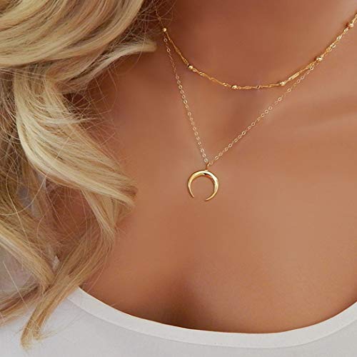 TseenYi Collar con diseño bohemio en capas de luna creciente de oro con colgante de doble cuerno gargantilla de cuentas para mujeres y niñas (oro)