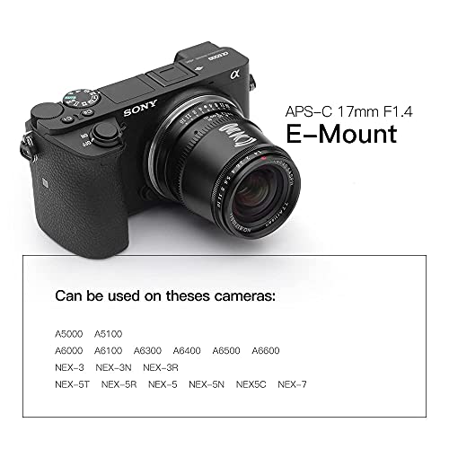 TTArtisan Objetivo de 17 mm F1.4 APS-C con enfoque manual, compatible con cámaras de montura E A5000 A5100 A6000 A6100 A6300 A6400 A6500 A6600 NEX-3 NEX-3N NEX-3R NEX-5T NEX-5R NEX-5 y muchos más