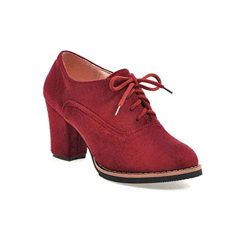 UMore Otoño Mujer Tacones Altos Vintage Gamuza con Cordones Zapatos de Negocios Elegantes Bombas de Punta Redonda Color sólido Oficina Carrera Zapatos Oxford
