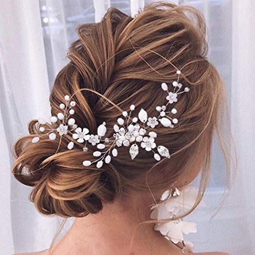 Unicra Accesorio para el pelo de la novia de la flor de la boda de la vid de plata del Rhinestone del pelo nupcial para mujeres