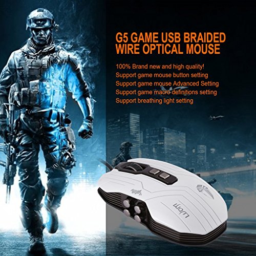 Uniquelove Ratón óptico para Juegos con Cable Trenzado fotoeléctrico de Velocidad Completa G5 3D con Botones de 9 Teclas de 3200 PPP para Videojuegos - Blanco