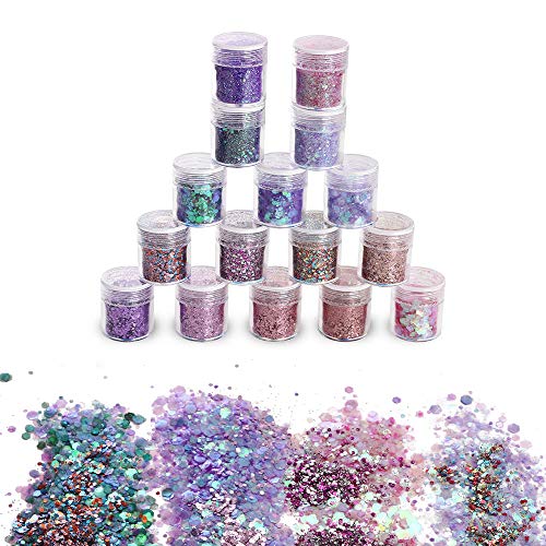 URAQT 16 Colores Purpurinas Polvo, Chunky Glitter Flakes Paillette Brillante Decoración para Cara Maquillaje Pelo Arte Corporal Uñas y Mejilla-B